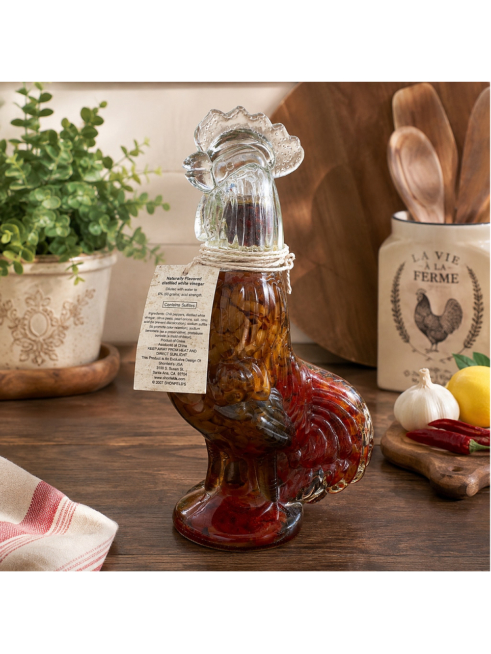 Shonfeld's Rooster Shaped Decorative Vinegar Bottle, One Size, Clear and Red